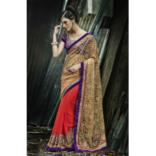 Radiant Red Colored Embroidered Net Georgette Saree